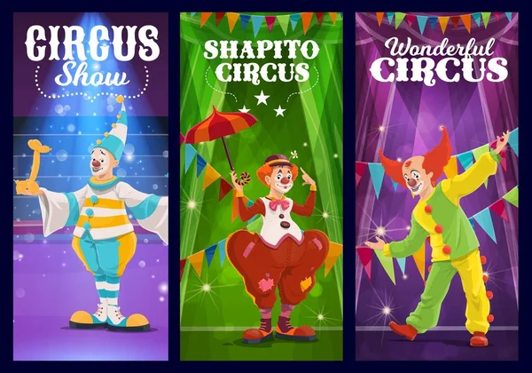 Payasos Circo Shapito Bufones Arlequín Espectáculo Carnaval Feria Banner Vectorial — Archivo Imágenes Vectoriales