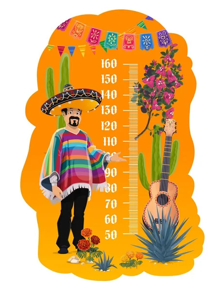 Kinderen Lengte Grafiek Groei Meter Mexicaanse Man Met Gitaar Vector — Stockvector