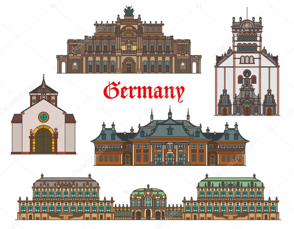 Germany architecture vector buildings of Dresden and Trier travel landmarks. German basilica or St Mathias Church, Pillnitz Schloss Castle and Zwinger palace, Kreuzkirche Church and opera house