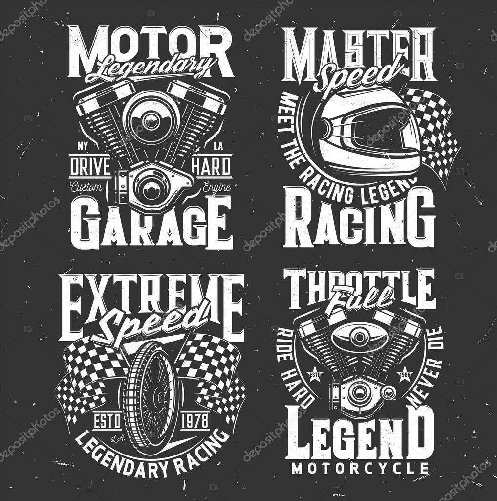 Car races, speed fast sport emblems or motorcycle racing t-shirt prints, vector. Motorcycle races flag with motor speedway wheel and moto engine, custom bike chopper and throttle garage signs