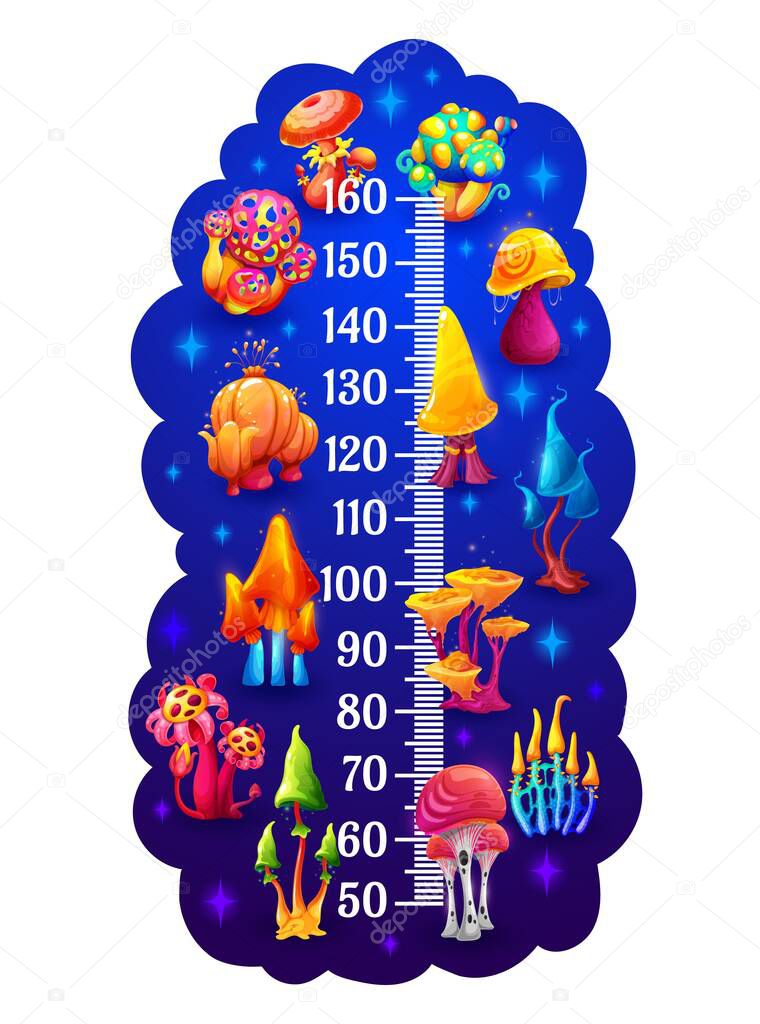 Fantasy cartoon mushrooms, vector kids height chart or growth meter. Kids height measure chart or baby tall scale with cartoon poisonous mushrooms and luminescent toadstool and amanita fungi