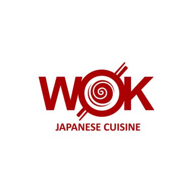 Wok ikonu, Çin ve Japon mutfağı erişte ve çubukları, vektör amblemi. Asya mutfağı tabelası, Çin ya da Japon erişteli tava ya da yemek ve menü örtüsü için udon eriştesi.