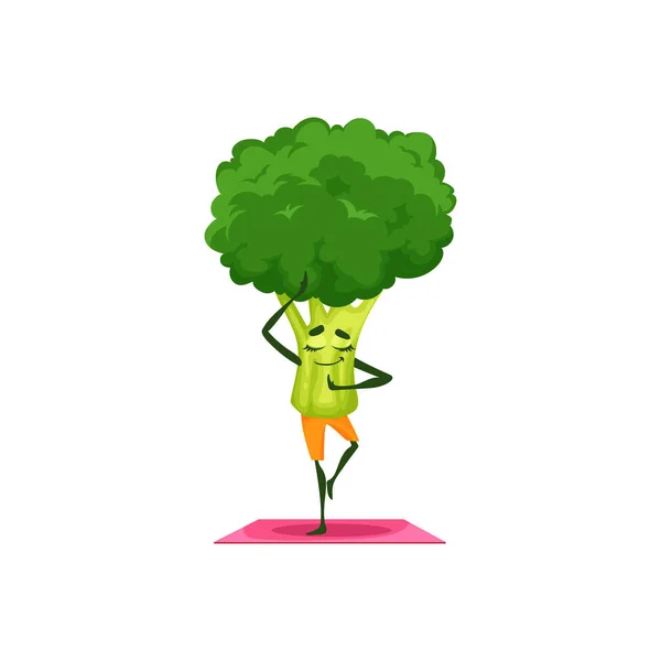 フィットネスピラティスマットの上に立って顔 手と足を持つスポーティな健康的なブロッコリーの漫画のキャラクターは孤立した 幸せな笑顔でベクトルベジタリアンフード フィットネスワークアウトの栄養野菜 ビタミン — ストックベクタ