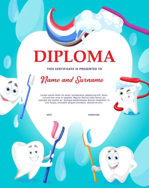 Diploma Medicina Dentária Dentes Animados Felizes Com Escova Pasta Dentes —  Vetores de Stock