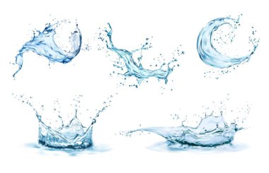 Su tacı su sıçratır ve damlalarla dalgalanır. Şeffaf mavi sıvı damlacıklar, izole edilmiş gerçekçi 3 boyutlu elementler, taze içecek, temiz su düşmesi ya da hava kabarcıklarıyla dökülmesi