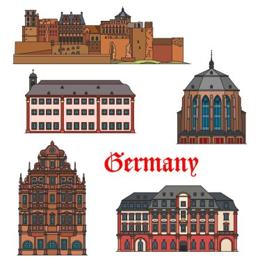 Almanya mimarisi, Heidelberg kiliseleri ve kaleleri, mimari ve seyahat vektör simgeleri. Alman Wurttemberg Heiliggeistkirche, Haus zum Ritter, Schlossberg kalesi ve Ruprecht Karl Üniversitesi