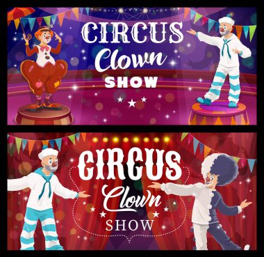Shapito sirk palyaçosu çizgi film karakterleri lunapark ya da lunapark sahnesinde komedi gösterisi yapıyorlar. Komik soytarı ya da komedyen peruklu, kırmızı burunlu ve şemsiyeli, ışıklı ve bayraklı