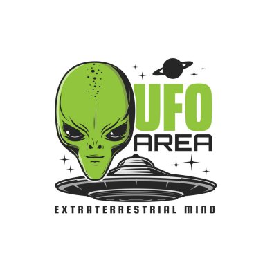 UFO bölgesi, uzaylı uzay gemisi ikonu. Uzaylıların faaliyet alanı, dünya dışı varlıklar yıldız gemisi vektör amblemi veya simgesi, insansı yaratık yeşil yüzü, uçan daire veya disk uzay gemisi, satürasyon gezegeni ve yıldız.