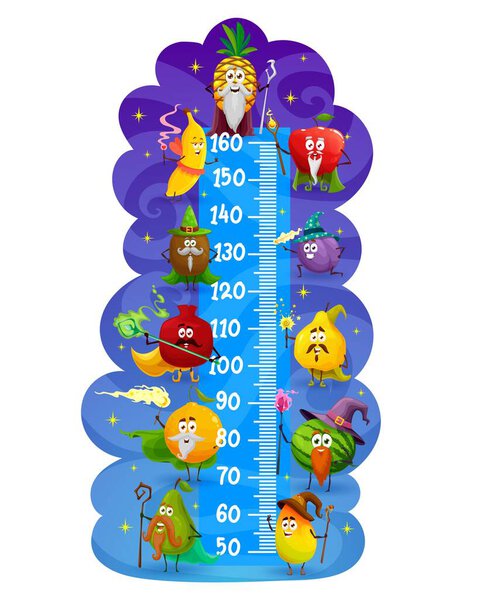 Kids height chart with cartoon magician and wizard fruits. Vector growth meter with apple, orange, banana and pineapple, watermelon, kiwi, mango and plum magic characters, children stadiometer ruler