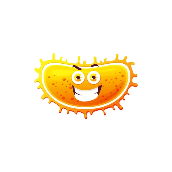 漫画ウイルス細胞ベクターアイコン 怒っている細菌やにこやかな顔を持つ生殖文字 大きな目と歯の口 孤立した黄色のインフルエンザスリッパを持つ笑顔病原体微生物モンスター — ストックベクタ