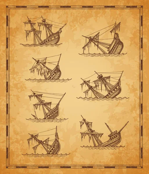 Navios Vela Afundados Elementos Esboço Mapa Vintage Barcos Vela Vetor — Vetor de Stock