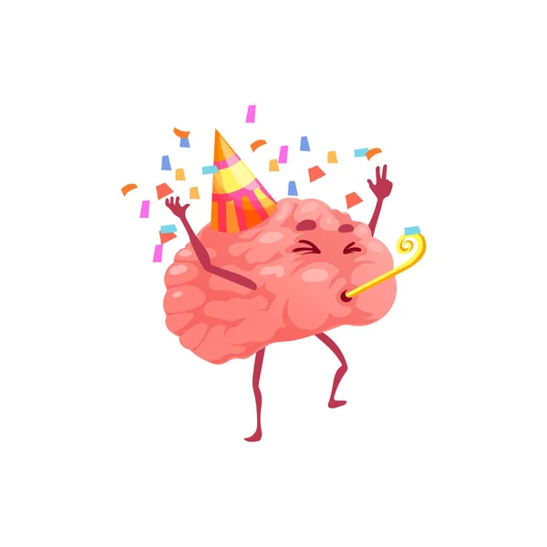 Счастливый Мозговой Персонаж Шляпе Форме Конуса Отмечающий День Рождения Изолировал — стоковый вектор