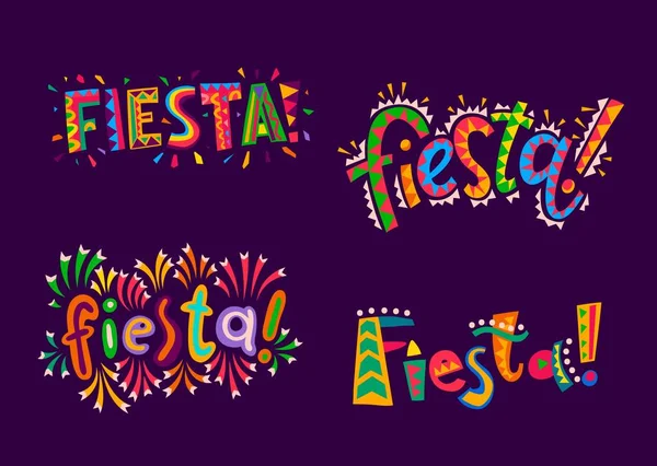 フィエスタ パーティー メキシコ スペイン語 ラテン語の休日カーニバルのベクトルバナー 民族メキシコの装飾品 カラフルな幾何学的な文字やコンフェッティと明るい色の文字のフィエスタレタリング — ストックベクタ