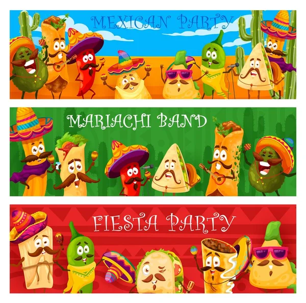 Festa Mexicana Desenhos Animados Engraçados Personagens Comida Mariachi Bandeiras Vetoriais — Vetor de Stock