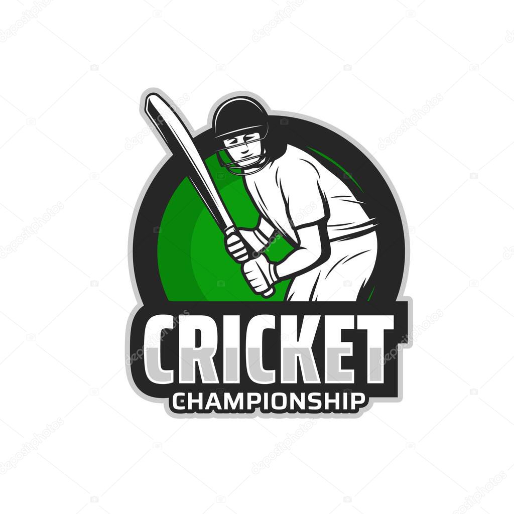 Cricket game icon with player in helmet holding bat. Sport team championship label, game competition vector badge or symbol. Cricket sport professional league club retro sticker with batter