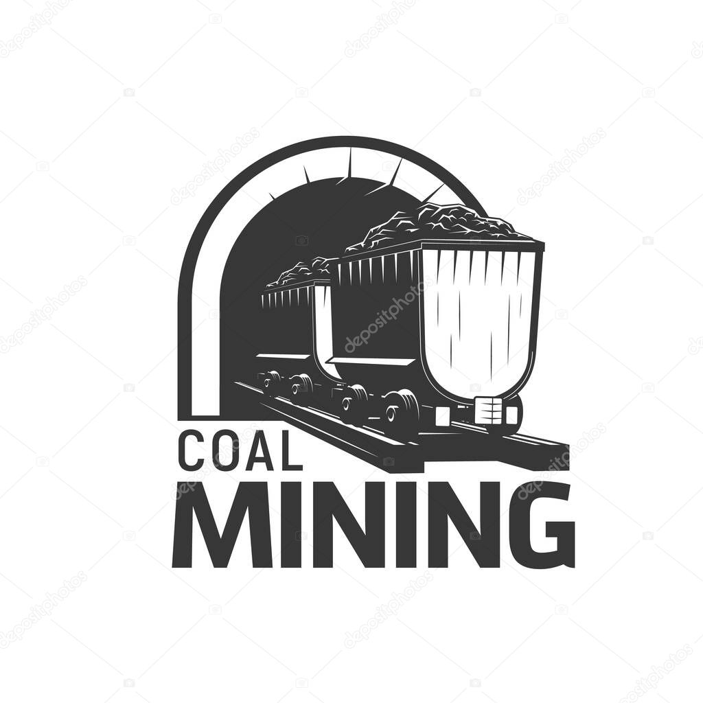 Coal mining trolley, mine factory and heavy industry vector icon. Mining wheelbarrow in quarry tunnel, emblem for coal or metal ore excavation and metallurgy exploitation
