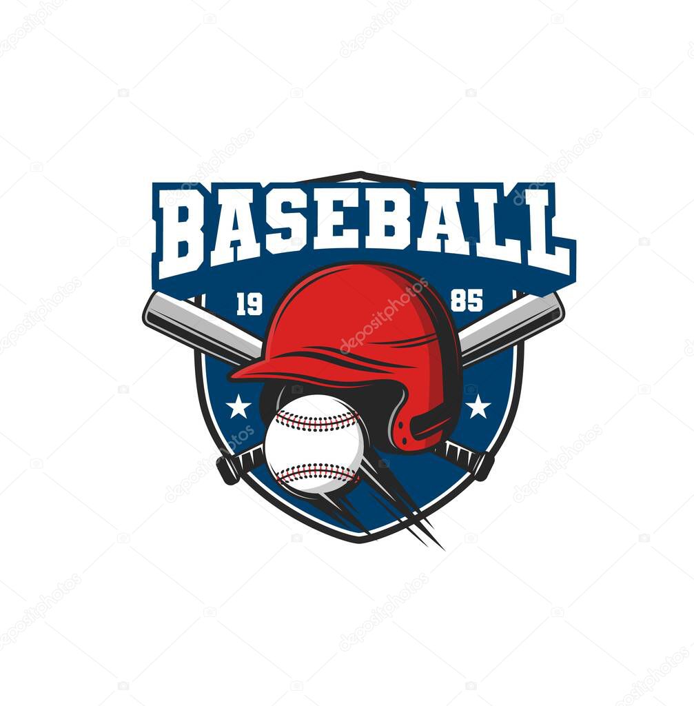Baseball sport vector icon of crossed bats, helmet and ball on heraldic shield with stars. Baseball sport game club or team isolated icon with baseball player equipment and protective gears