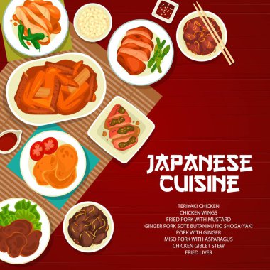 Japon yemekleri ve menü örtüsü. Zencefilli domuz sote butaniku no shoga-yaki, zencefilli ve kızarmış domuz hardallı miso, kuşkonmaz, tavuk Teriyaki ve kanat, giblet yahnisi, kızarmış ciğer vektörü