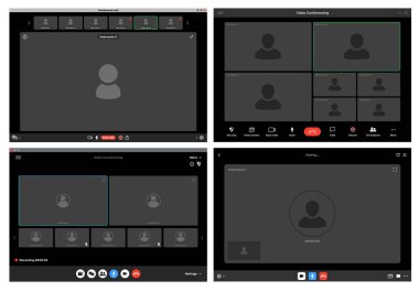 Videocall arayüz ekran vektör şablonu, web sohbet ui. Çevrimiçi konferansın video çağrı pencereleri veya düğmeleri ve kullanıcı simgeleri, bilgisayar veya cep telefonu uygulaması, uzaktan iletişim