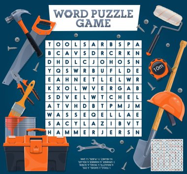 Kelime araması yapboz sınavı çalışma tablosundaki DIY araçları. Çocuklar yarışma sistemi, eğitim oyunu ya da harflerle yazılmış kelime bulmacaları iş buluyor. Çizgi film vektör yapım el araçları ile çocuklar metin bulmacası