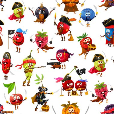 Çizgi film korsanları, kusursuz desenli korsan karakterleri. Arka plan, bektaşi üzümlü vektör duvar kağıdı, kuşüzümü ve yabanmersinli, çilekli, ahududu ve kirazlı komik milletvekilleri