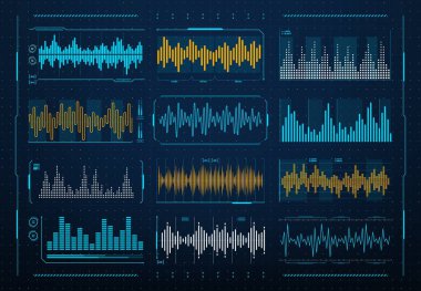 Ses dalgaları frekansı, sesli müzik dijital dengeleyici, vektör HUD arayüzü. Ses dalgası veya radyo sinyal hattı dalga biçimi ve kaydedici veya ölçekte ses dalgaları ile müzik çalıcı ses düzeyi