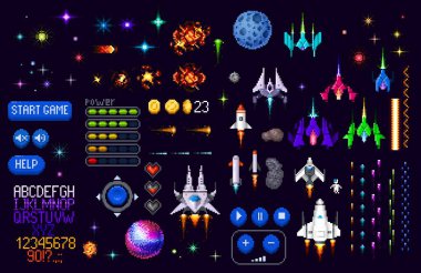 Uzay oyunu varlığı 8 bit piksel resim. Galaksi gezegenleri, roketler, yıldız gemileri, yazı tipi ve piksel sanat arayüzü vektör düğmeleri. Retro oyun oyun uzay gemileri, yıldızlar, patlama perili efekti ve astronot nesneleri