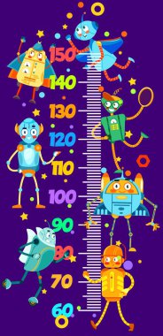 Çizgi filmdeki komik robotların oynadığı boy çizelgesi, vektör büyüme ölçer. Robot oyuncakları, retro transformatörler, uzaylı uzay androidleri ve galaksi cyborglarıyla çocuk ölçüsü cetveli veya boy grafiği