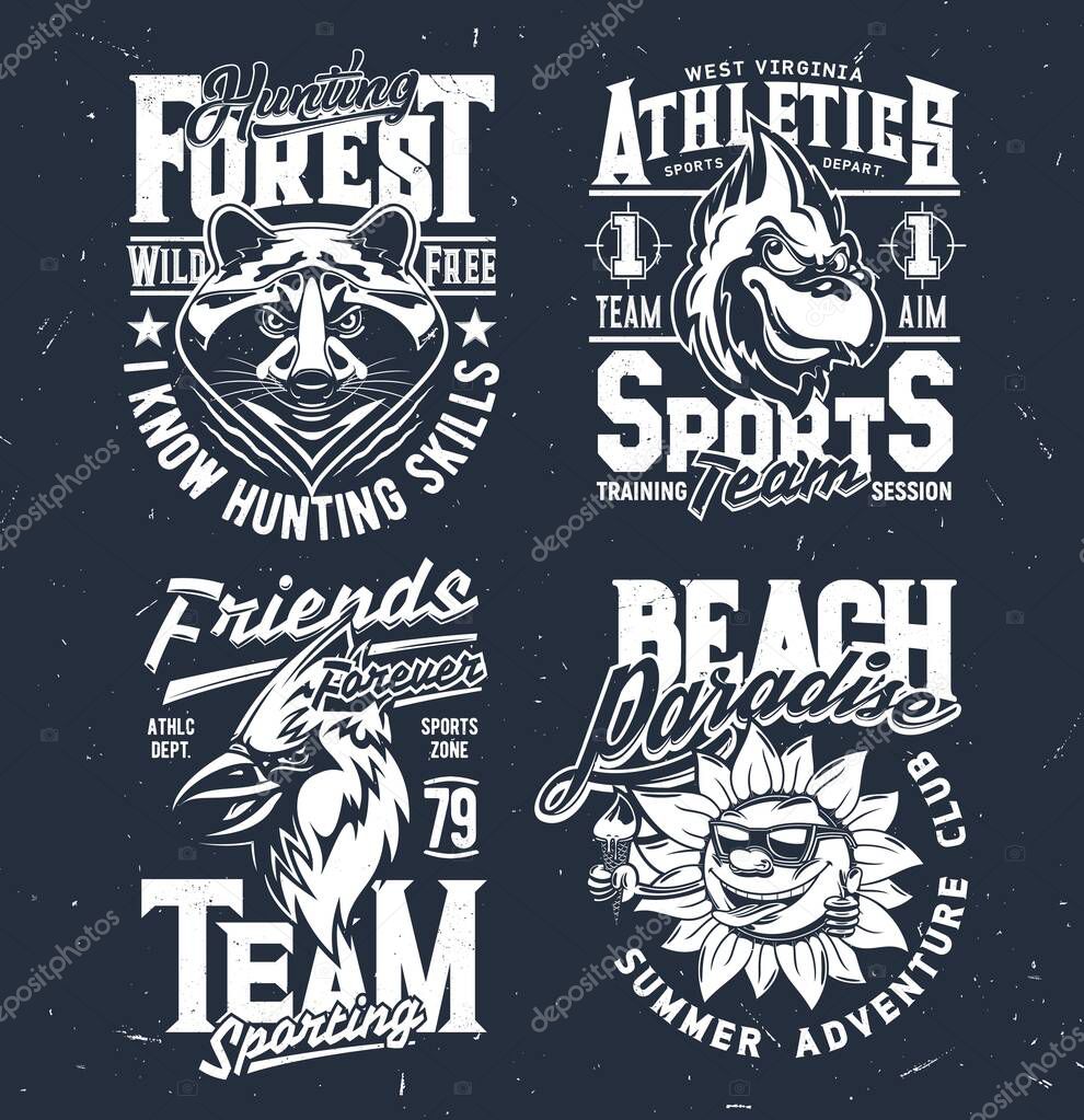 Forest hunting, sport team and beach club t-shirt print. Raccoon muzzle, red carnival and smiling sunflower engraved vector. Summer vacation in tropical paradise, sport fan clothing print template