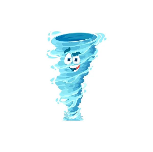 漫画竜巻陽気なキャラクター 青い水滴と笑みを浮かべて顔を持つ嵐 旋風ツイスターやサイクロンベクトルの性格 ハリケーンや台風 雷雨の天気予報のベクトルアイコン — ストックベクタ