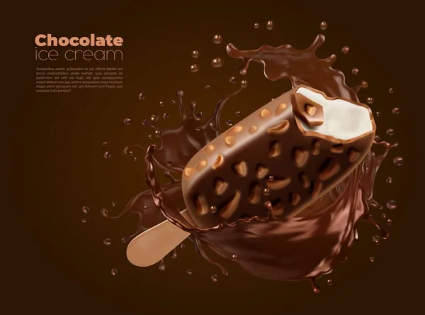 Realistic Chocolate Splash Ice Cream Vector Poster Bite Choco Popsicle — Stock Vector