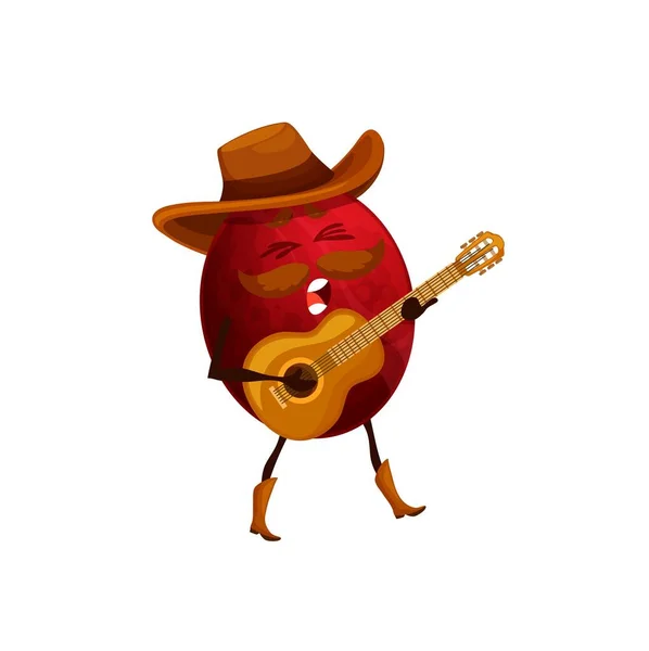 Cartoon Passion Fruit Cowboy Guitar Funny Vector Tropical Fruit Sheriff — Stock Vector