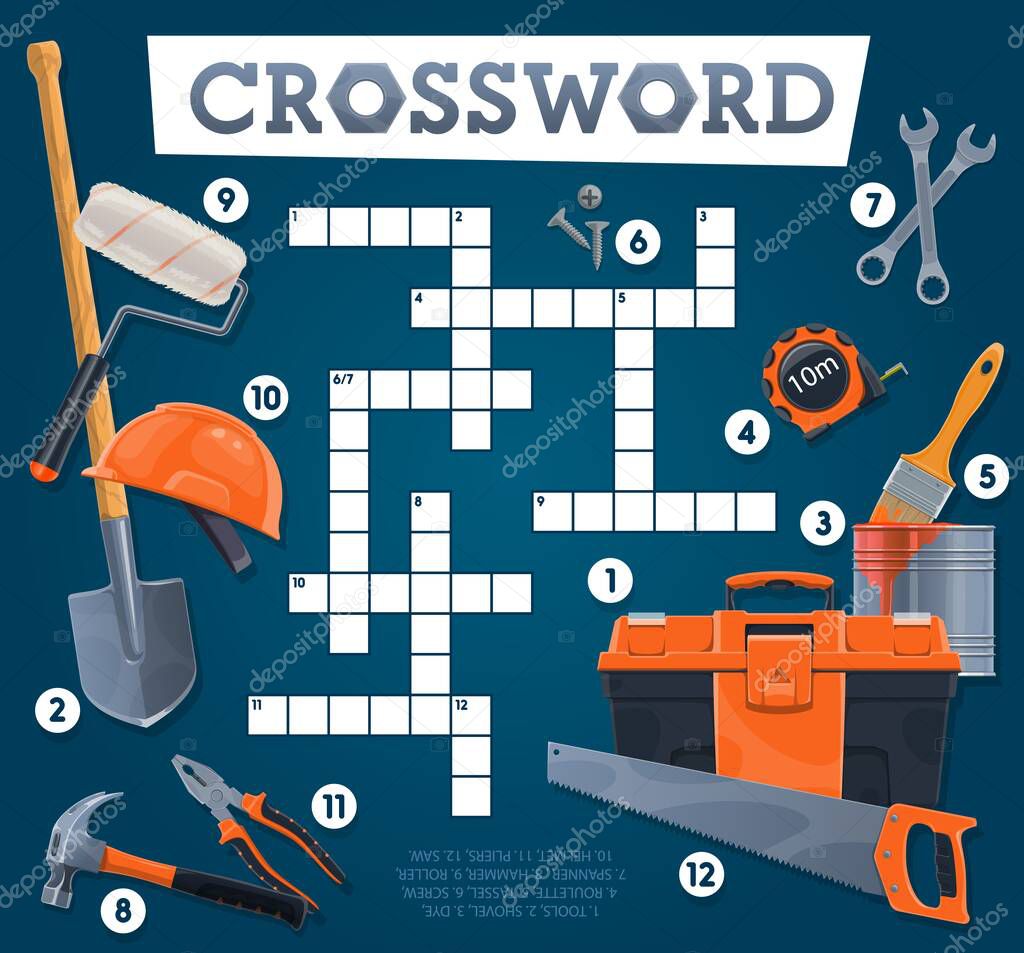 DIY tools crossword grid worksheet. Find a word quiz game, children intellectual puzzle or vocabulary game riddle. Children playing activity with house repair, construction hand tools and equipment