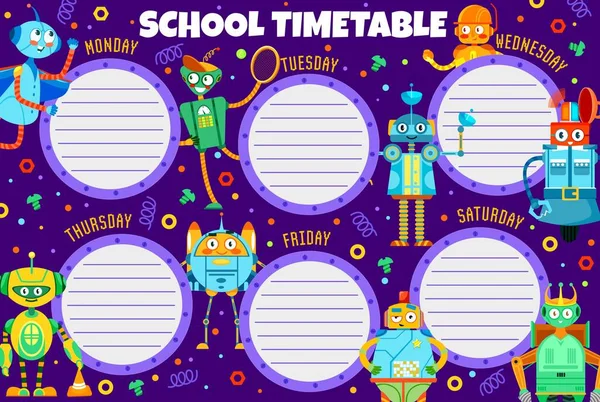 시간표에는 포함되어 수업은 있습니다 아이들의 시간표에는 재미있는 장난감 캐릭터 역으로 — 스톡 벡터