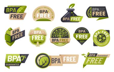 BPA ücretsiz ikonlar ve bisphenol kullanmadan plastik gıda etiketleri. Yeşil yapraklı ve ağaçlı plastik olmayan vektör rozetleri, eko ambalaj ürünleri, geri dönüşümlü şişeler ve biyolojik çözünebilir poşetler.
