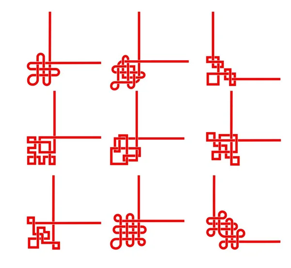 Marcos Rojos Chinos Esquinas Divisores Con Nudos Vector Asiático Embellecimiento — Archivo Imágenes Vectoriales