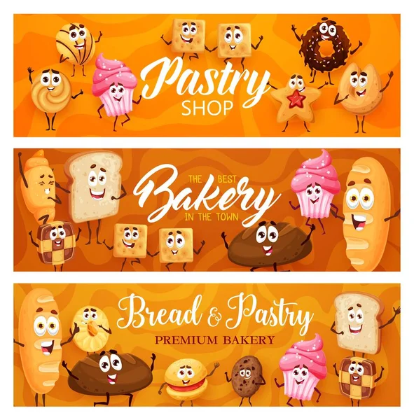 Padaria Desenhos Animados Bolos Pastelaria Personagens Biscoitos Banners Comida Pão — Vetor de Stock