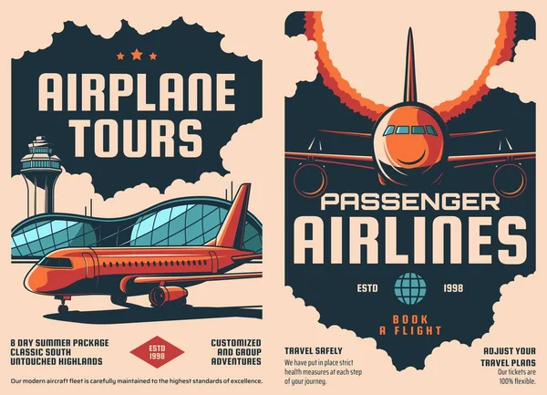 Luchtvaart Vliegtuig Retro Posters Vliegtuig Tours Reizen Vluchten Met Luchtvaartmaatschappijen — Stockvector