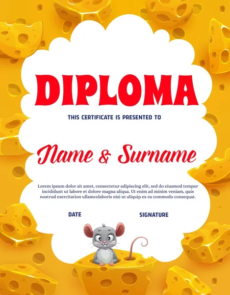 Diploma Infantil Vertical Con Maasdam Queso Emmental Ratón Dibujos Animados — Vector de stock