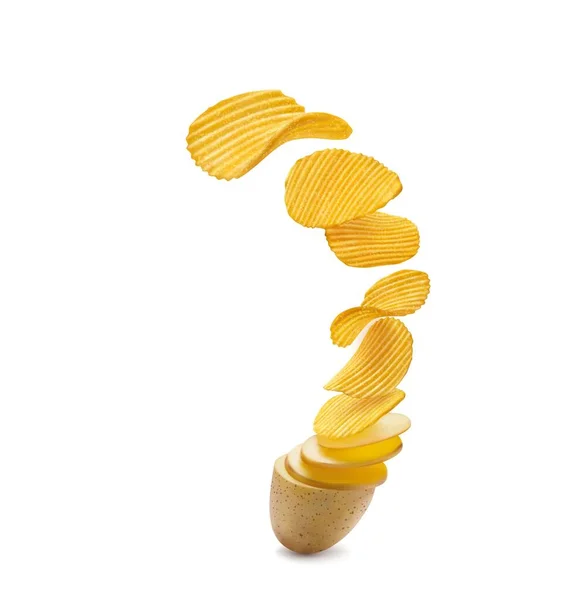 Realistische Kartoffelscheiben Fliegen Und Verwandeln Sich Knusprige Chips Vektorgesteuerte Fast — Stockvektor