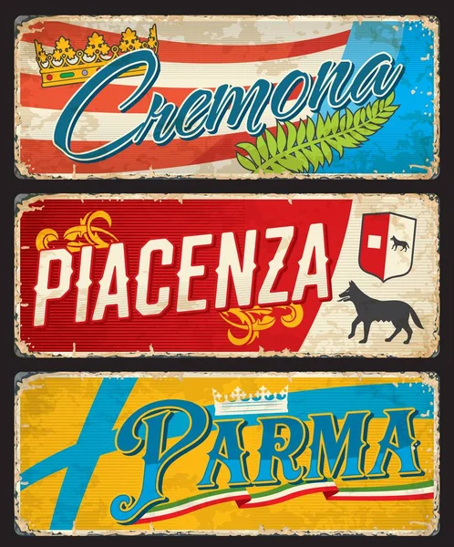 Cremona Piacenza Parma Pegatinas Viaje Platos Italianos Italia Viaje Turístico — Vector de stock