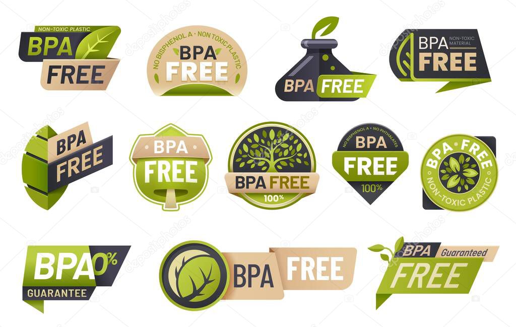 BPA free icons and labels of food plastic without bisphenol. Non toxic plastic isolated vector badges with green leaves and trees, eco packaging products, recyclable bottles and biodegradable bags