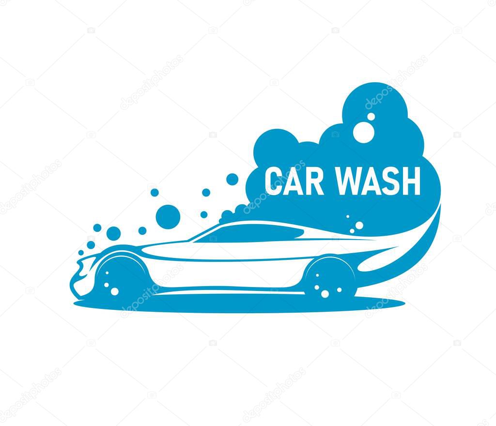 Car wash service icon for clean auto carwash, vector water and vehicle sign. Automobile washing or car wash express and self service emblem with blue silhouette of sportcar and foam bubbles