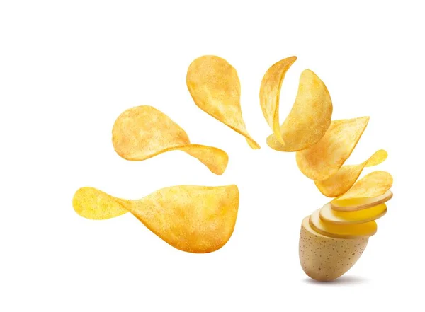 Realistic Potato Turning Wavy Crispy Chips Flying Snacks Splash Vector — Stock Vector