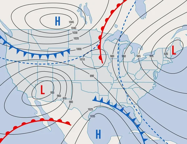 予測天気予報米国州の等星図 気象風前線や温度図 ベクトル背景 米国天気予報圧力 寒さと暖かい風の方向図と等星図 — ストックベクタ