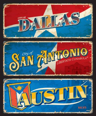 Dallas, Austin ve Amerikan şehirlerinin plakaları ve seyahat etiketleri. Amerika Birleşik Devletleri grunge bayrağı, bayrak yıldızı sembollü vektör vintage plaka. ABD tatil turu kartpostalı veya hatıra kartı