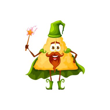 Meksikalı nacho çizgi filmi, büyücü karakter, sihirbaz ya da sihirli değnekli büyücü, vektör çocuk kişiliği. Sihirli pelerinli büyücü ve cadı şapkalı büyücü ya da peri masalı gibi komik cipsler.