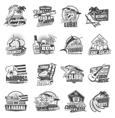 Cuba isolated vector icons of Cuban travel and tourism design. Maracas, cigar, rum and guitar, palm tree, coffee, cane sugar and Caribbean beach, coat of arms, flag and map of Cuba monochrome symbols clipart