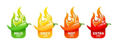 Jalapeno, chili ve alevli kırmızı biberlerin acı baharatlı etiketleri. Baharatlı yiyecek veya sos tat ölçeği göstergeleri, sıcak, ekstra ve hafif tat için yeşil, kırmızı, sarı ve turuncu derecelendirme işaretleri