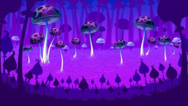 Mor parlak mantarlar oyun düzeyi manzarası ya da uzaylı fantezi ormanı sahne mekanı. Vector oyunu, geceleri gizemli ormanın çizgi film arka planı, peri mantarları, mantar bitkileri ve çiy damlaları.
